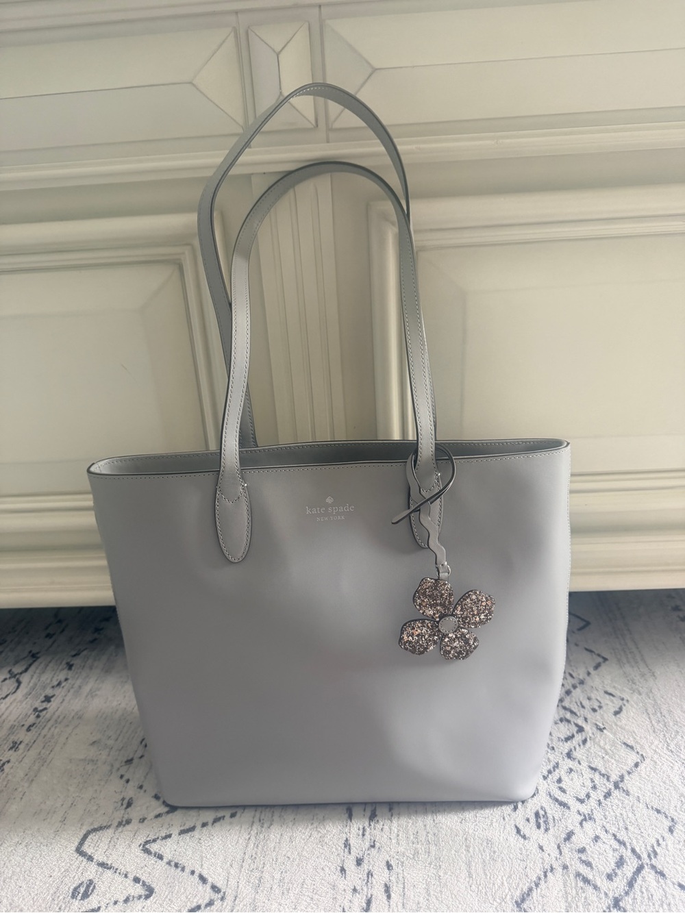 kate spade Gray Leather Tote with Flower Charm